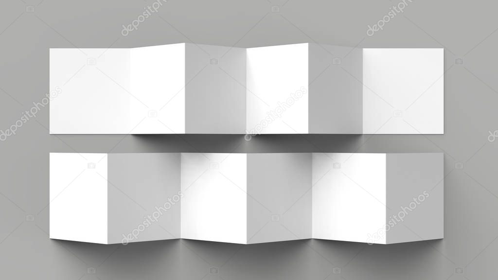 12 page leaflet, 6 panel accordion fold - Z fold square brochure mock up isolated on gray background. 3D illustration