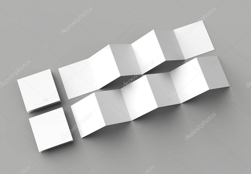 12 page leaflet, 6 panel accordion fold - Z fold square brochure mock up isolated on gray background. 3D illustration