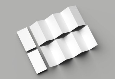 12 sayfa belgesi, 6 panel akordiyon kat - Z katlayın dikey broşür sahte gri arka plan üzerinde izole. 3D çizim.
