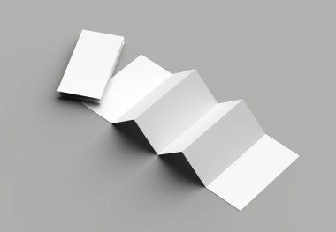 12 sayfa belgesi, 6 panel akordiyon kat - Z katlayın dikey broşür sahte gri arka plan üzerinde izole. 3D çizim.