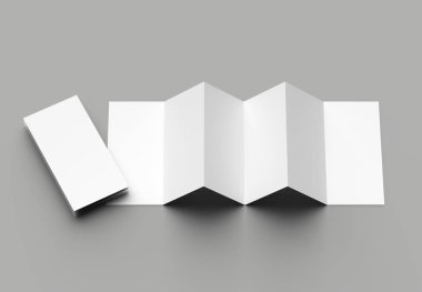 12 sayfa belgesi, 6 panel akordiyon kat - Z katlayın dikey broşür sahte gri arka plan üzerinde izole. 3D çizim.