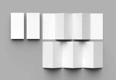 12 sayfa belgesi, 6 panel akordiyon kat - Z katlayın dikey broşür sahte gri arka plan üzerinde izole. 3D çizim.