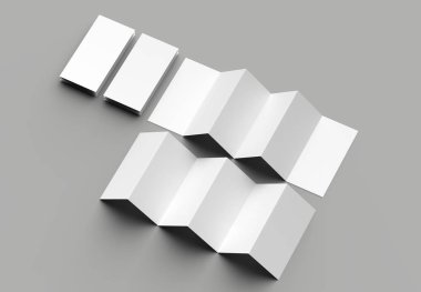 12 sayfa belgesi, 6 panel akordiyon kat - Z katlayın dikey broşür sahte gri arka plan üzerinde izole. 3D çizim.