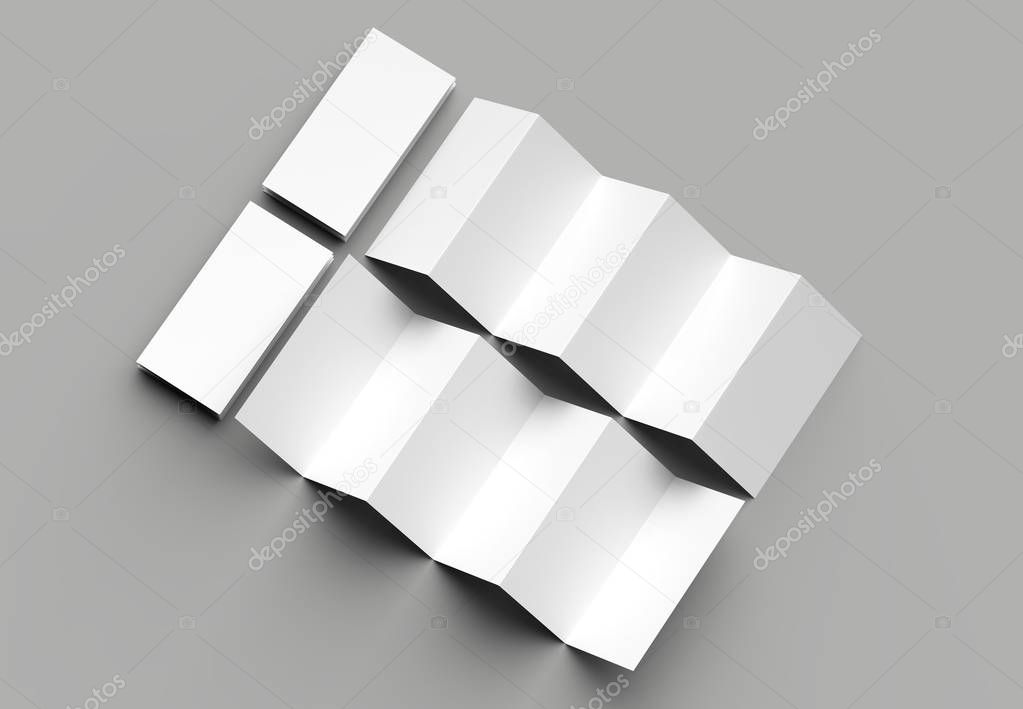 12 page leaflet, 6 panel accordion fold - Z fold vertical brochure mock up isolated on gray background. 3D illustration.