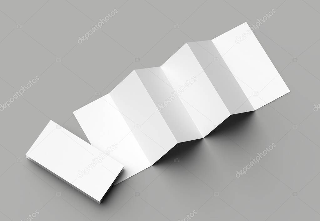 12 page leaflet, 6 panel accordion fold - Z fold vertical brochure mock up isolated on gray background. 3D illustration.