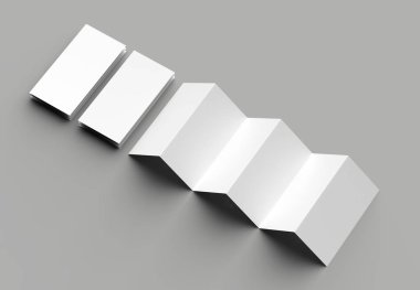 12 sayfa belgesi, 6 panel akordiyon kat - Z katlayın dikey broşür sahte gri arka plan üzerinde izole. 3D çizim.