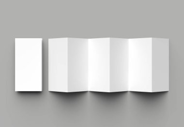 12 sayfa belgesi, 6 panel akordiyon kat - Z katlayın dikey broşür sahte gri arka plan üzerinde izole. 3D çizim.