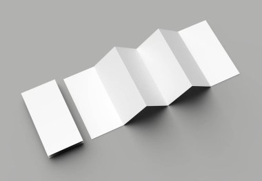 12 sayfa belgesi, 6 panel akordiyon kat - Z katlayın dikey broşür sahte gri arka plan üzerinde izole. 3D çizim.