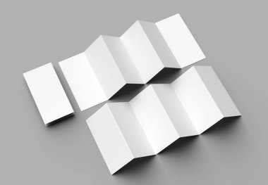 12 sayfa belgesi, 6 panel akordiyon kat - Z katlayın dikey broşür sahte gri arka plan üzerinde izole. 3D çizim.