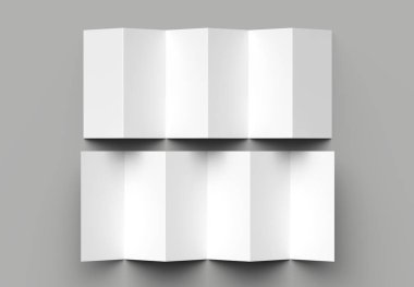12 sayfa belgesi, 6 panel akordiyon kat - Z katlayın dikey broşür sahte gri arka plan üzerinde izole. 3D çizim.