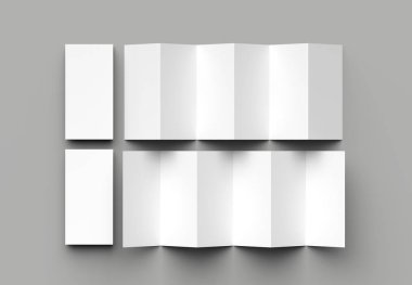 12 sayfa belgesi, 6 panel akordiyon kat - Z katlayın dikey broşür sahte gri arka plan üzerinde izole. 3D çizim.