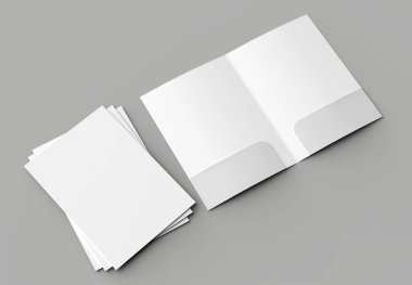 A4 boyutu iki cepler güçlendirilmiş klasör üzerinde izole gri arka plan kadar sahte. 3D çizim
