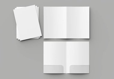 A4 boyutu iki cepler güçlendirilmiş klasör üzerinde izole gri arka plan kadar sahte. 3D çizim