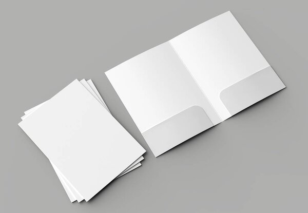A4 размер два кармана усиленные папки макет изолированы на сером фоне. 3D иллюстрация
