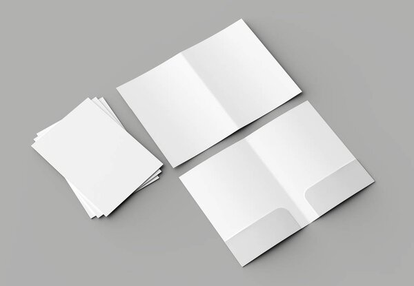 A4 размер два кармана усиленные папки макет изолированы на сером фоне. 3D иллюстрация
