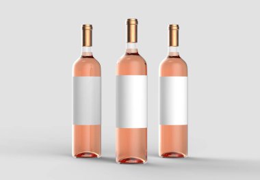 Şarap şişesi boş beyaz etiket ile alay etmek yukarıya. Işık gri arka plan üzerinde izole. 3D çizim