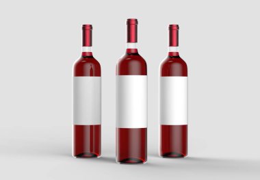 Şarap şişesi boş beyaz etiket ile alay etmek yukarıya. Işık gri arka plan üzerinde izole. 3D çizim