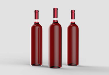 Şarap şişesi etiket alay etmek yukarıya. Işık gri arka plan üzerinde izole. 3D çizim