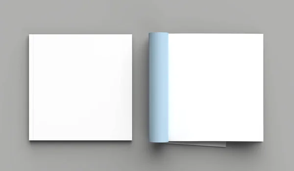 正方形の雑誌 パンフレット カタログの灰色の背景に分離の右ページのモックアップ イラストレーション — ストック写真
