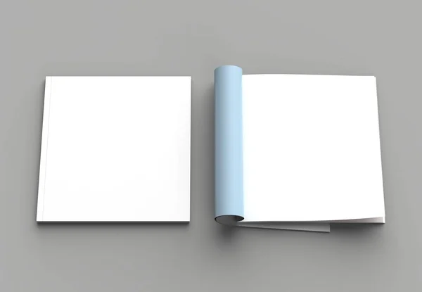 正方形の雑誌 パンフレット カタログの灰色の背景に分離の右ページのモックアップ イラストレーション — ストック写真