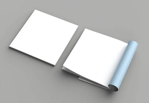 正方形杂志 小册子或目录模拟在灰色背景上孤立的左页 — 图库照片