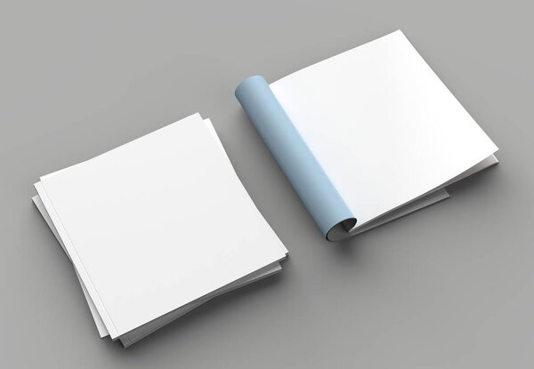 Квадратный журнал, брошюра или каталог высмеивают отдельную правую страницу на заднем плане. 3d иллюстрация
