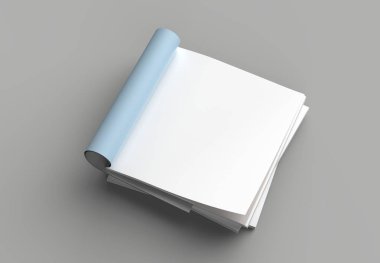 Kare dergi, broşür veya katalog gri arka plan üzerinde izole sağ sayfa kadar sahte. 3D çizim