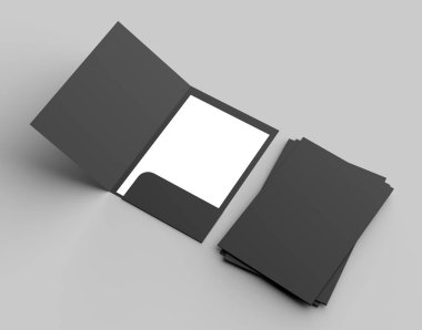 A4 boyutu tek cep güçlendirilmiş siyah klasör üzerinde izole gri arka plan dalga geçiyorsunuz. 3D çizim