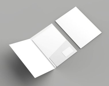 A4 boyutu tek cep kartvizit izole üzerinde gri arka plan kadar sahte klasörüyle takviyeli. 3D çizim.