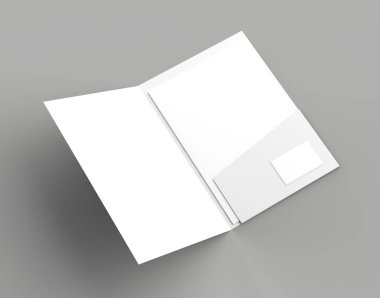 A4 boyutu tek cep kartvizit izole üzerinde gri arka plan kadar sahte klasörüyle takviyeli. 3D çizim.
