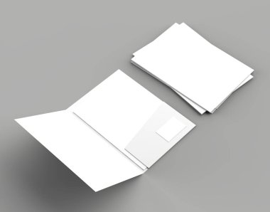 A4 boyutu tek cep kartvizit izole üzerinde gri arka plan kadar sahte klasörüyle takviyeli. 3D çizim.