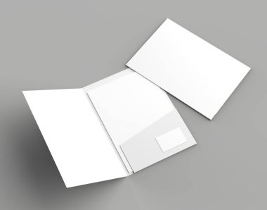 A4 boyutu tek cep kartvizit izole üzerinde gri arka plan kadar sahte klasörüyle takviyeli. 3D çizim.