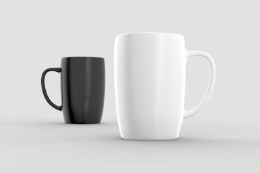 Siyah ve beyaz kupa mock up ışık gri arka plan üzerinde izole. 3D çizim.