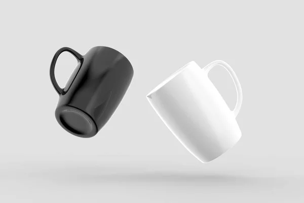 Taza Blanco Negro Maquetas Aisladas Sobre Fondo Gris Claro Ilustración —  Fotos de Stock