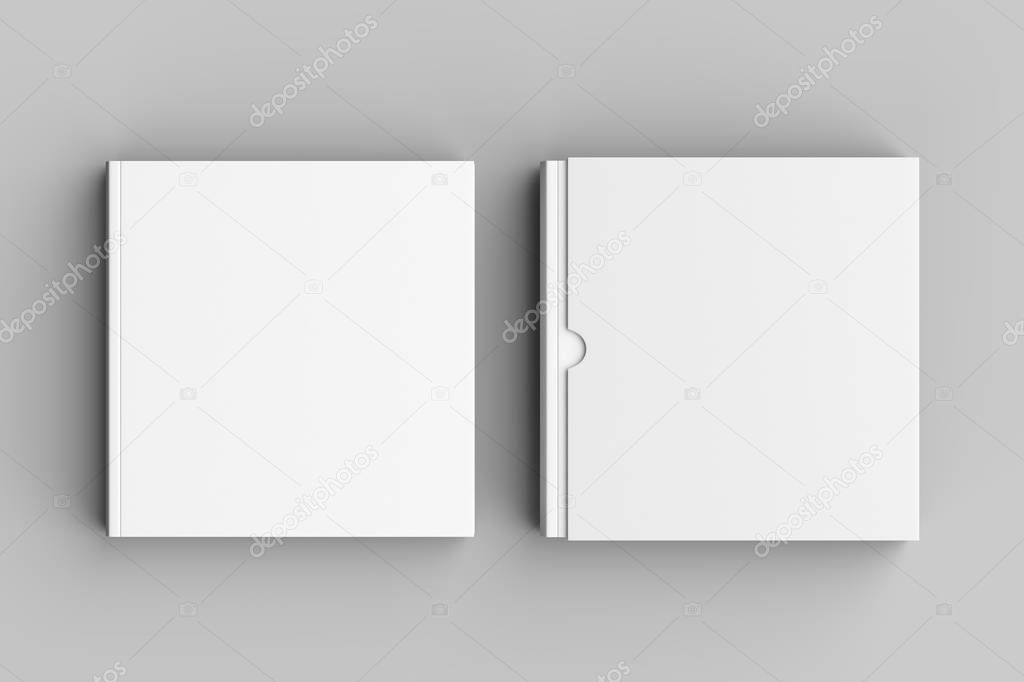 Square slipcase book mock up isolated on soft gray background. 3D illustration.