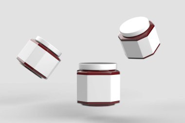 Ketçap kavanoz alay üzerinde izole yumuşak gri arka plan beyaz etiket ile yukarı. Küçük boyutu. 3D çizim.