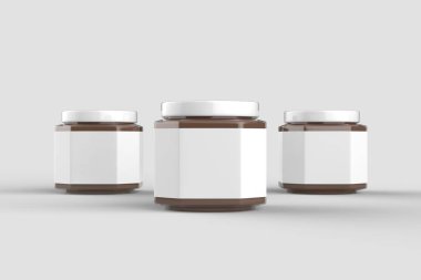 Kavanoza üzerinde izole yumuşak gri arka plan beyaz etiket ile kadar sahte çikolata yayıldı. Küçük boyutu. 3D çizim.