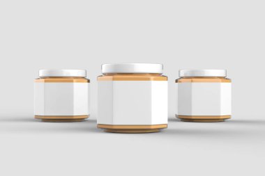 Fıstık ezmesi kavanoza alay üzerinde izole yumuşak gri arka plan beyaz etiket ile yukarı. Küçük boyutu. 3D çizim.