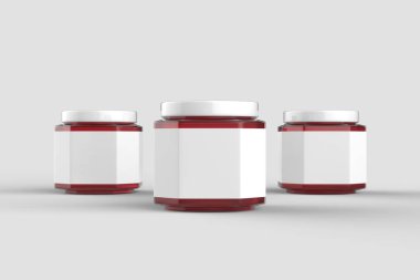 Çilek reçeli kavanoza alay üzerinde izole yumuşak gri arka plan beyaz etiket ile yukarı. 3D çizim.