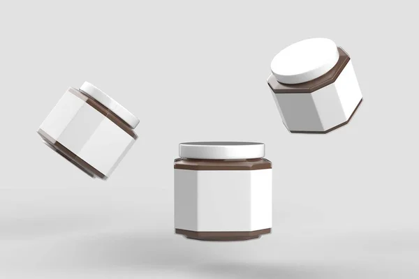 Chocolate spread in jar mock up isolated on soft gray background with white label. Small size. 3D illustration.