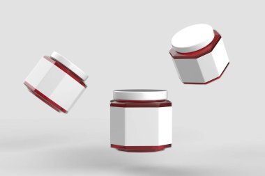 Çilek reçeli kavanoza alay üzerinde izole yumuşak gri arka plan beyaz etiket ile yukarı. 3D çizim.