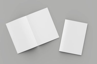 Yumuşak kapaklı dergi ya da broşür kadar üzerinde izole yumuşak gri arka plan sahte. 3D çizim