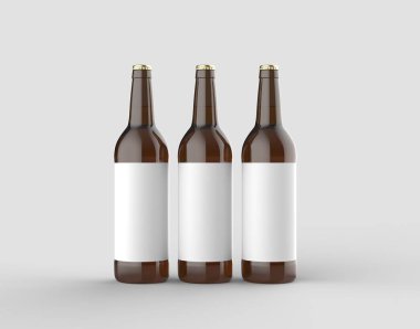 Bira şişesi kadar üzerinde izole yumuşak gri arka plan sahte. 3D çizim