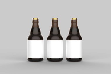 Bira şişesi kadar üzerinde izole yumuşak gri arka plan sahte. 3D çizim