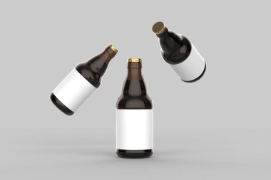 Bira şişesi kadar üzerinde izole yumuşak gri arka plan sahte. 3D çizim