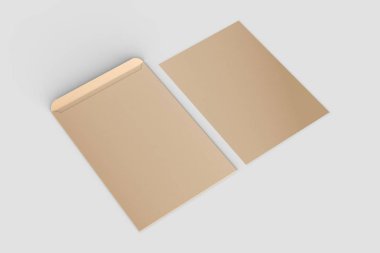 Geri dönüşümlü kağıt C4 zarf üzerinde izole yumuşak gri arka plan sahte. 3D çizim.