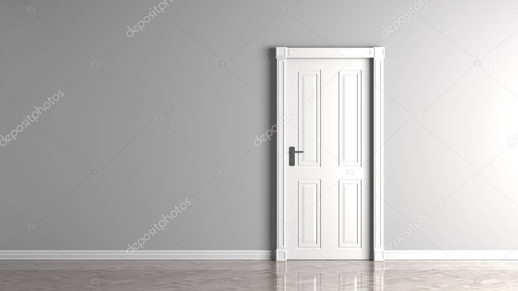 Gray empty wall and closed white door mock up.3D illustration