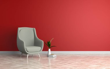 Modern iç yumuşak yeşil sandalye ve çiçek ve Kitaplar. 3D çizim