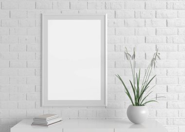 Ev iç poster çerçeve beyaz tuğla duvara alay etmek yukarıya. 3D çizim