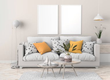 Poster çerçevesi İskandinav tarzı hipster iç alay. 3D çizim.